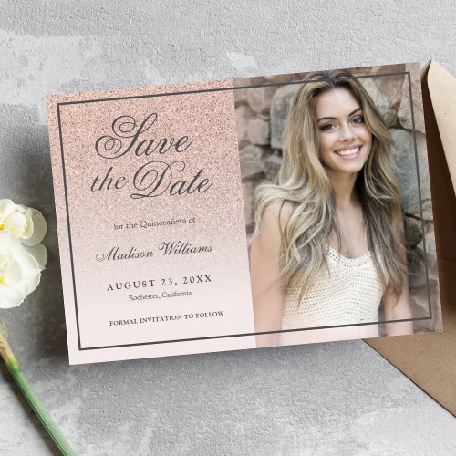 Quinceaera Save The Date Rose Gold Glitter Photo