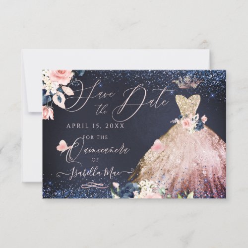Quinceanera Save the Date Rose Gold Ombre Gown Invitation