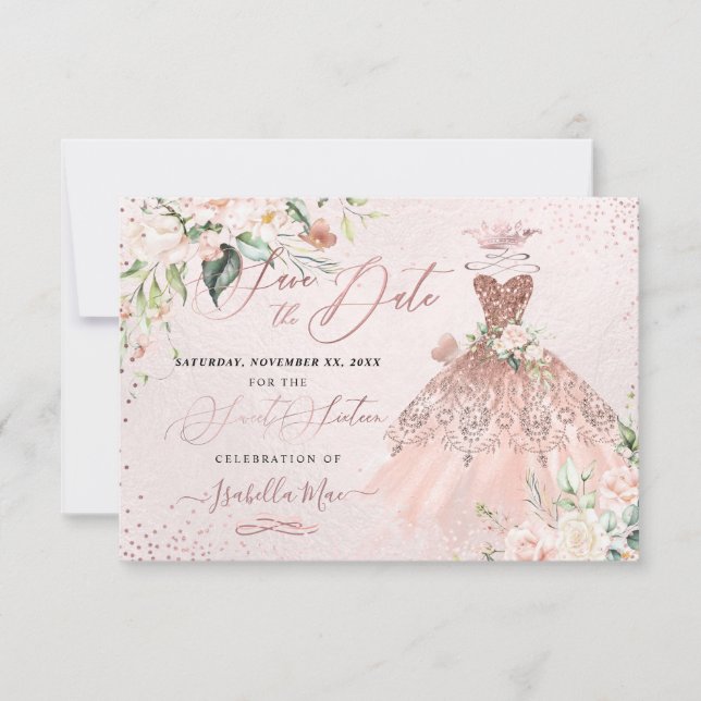 Quinceanera Save the Date Rose Gold Sweet 16 Invitation (Front)