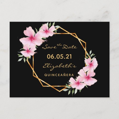 Quinceanera Save the Date tropical gold black chic Postcard
