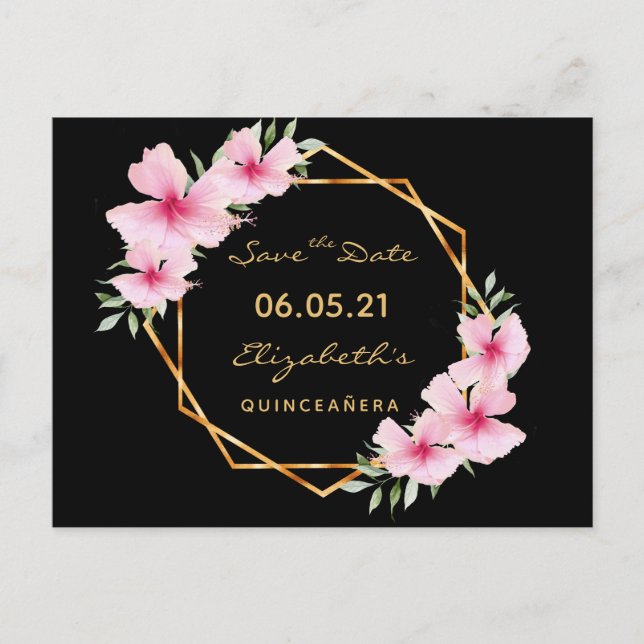 Quinceanera Save the Date tropical gold black chic Postcard (Front)
