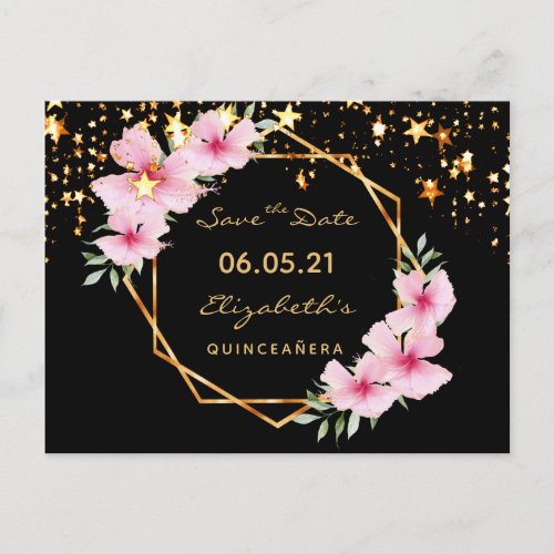 Quinceanera Save the Date tropical gold black star Postcard