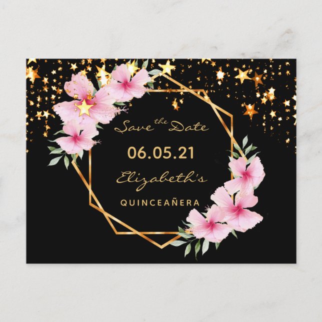 Quinceanera Save the Date tropical gold black star Postcard (Front)