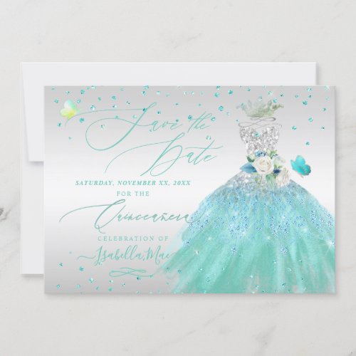 Quinceanera Save the Date Turquoise Silver Invitation
