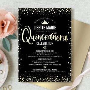 Quinceañera Script Princess Crown Black Real Gold  Foil Invitation