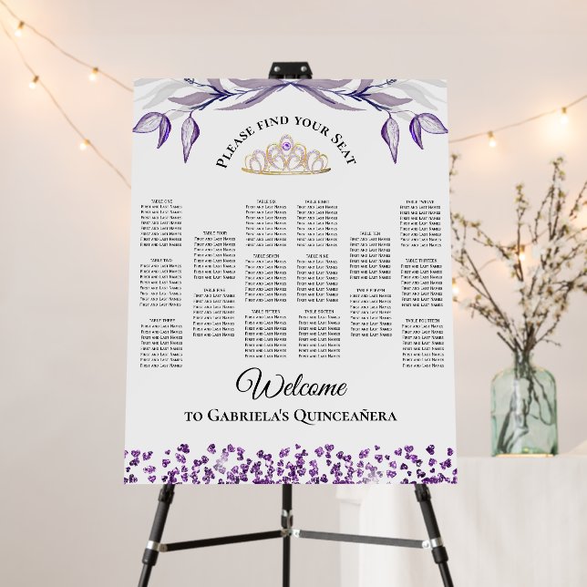 Quinceañera Seating Chart Purple Foliage Tiara  Foam Board (In Situ (Stand))