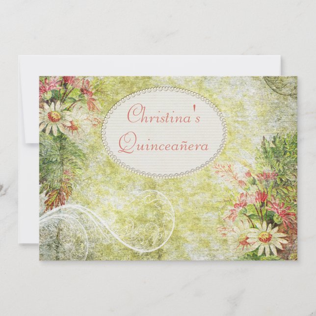 Quinceañera Shabby Chic Daisy & Wildflowers Invitation (Front)