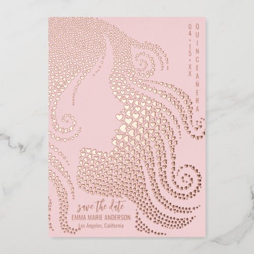 Quinceaera Silhouette Rose Gold Hearts Save Date Foil Holiday Card