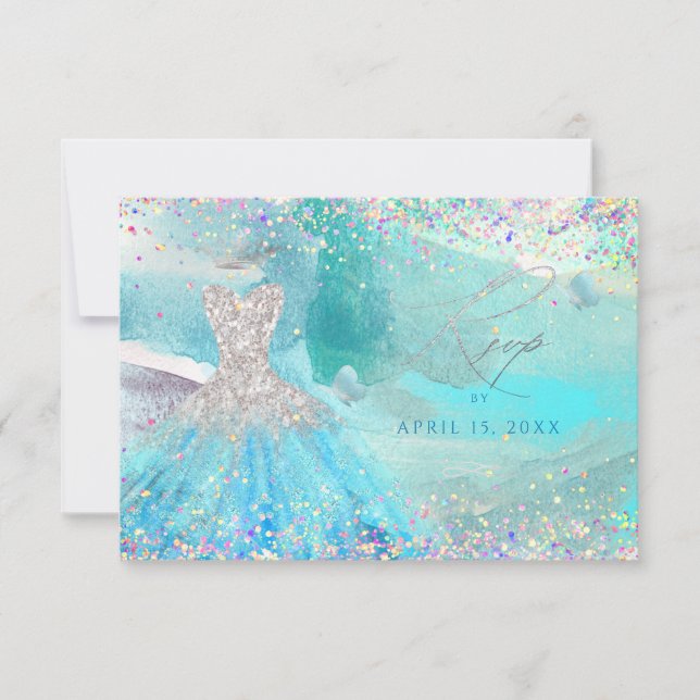 Quinceanera Silver Aqua Glitter Gown RSVP card (Front)