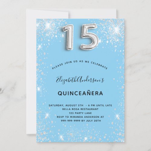 Quinceanera silver baby blue glitter dust invitation