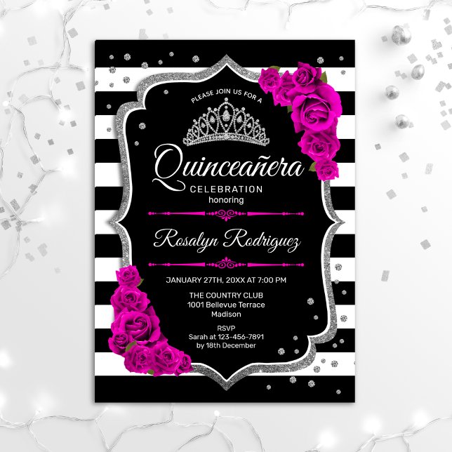 Quinceanera - Silver Black Pink Invitation