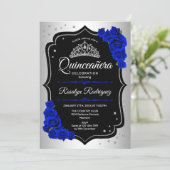 Quinceanera - Silver Black Royal Blue Invitation (Standing Front)