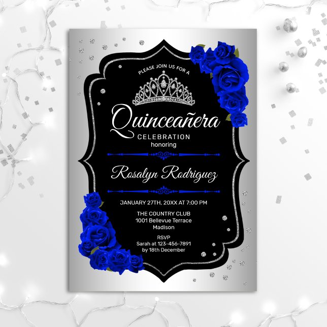 Quinceanera - Silver Black Royal Blue Invitation