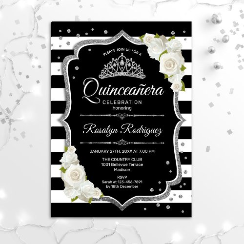 Quinceanera _ Silver Black White Invitation