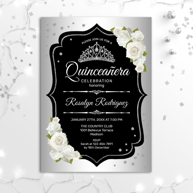 Quinceanera - Silver Black White Invitation