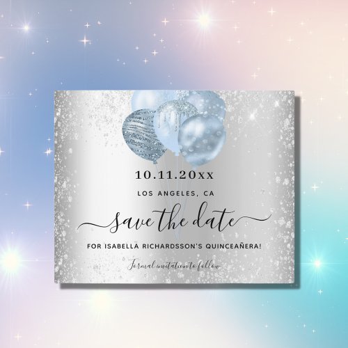 Quinceanera silver blue budget save the date flyer