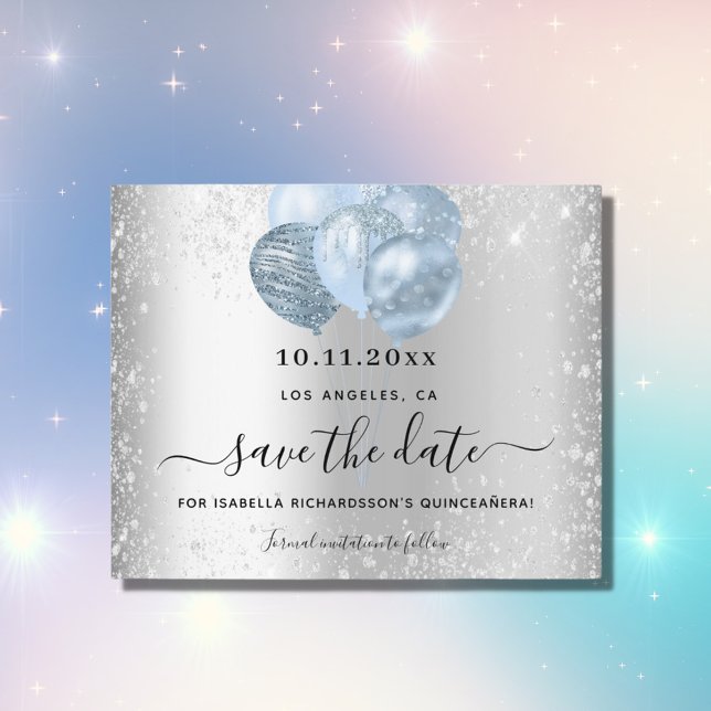 Quinceanera silver blue budget save the date flyer (Creator Uploaded)
