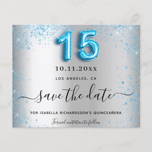 Quinceanera silver blue budget save the date flyer