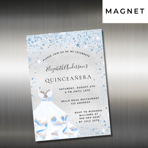 Quinceanera silver blue dress invitation magnet