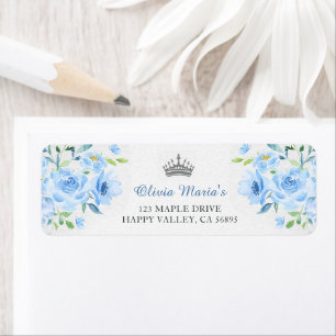 Quinceanera Silver Blue Floral Gown Label