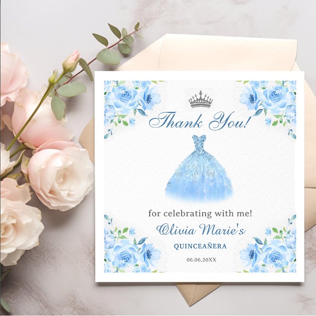 Quinceanera Silver Blue Floral Gown  Napkins (Creator Uploaded)