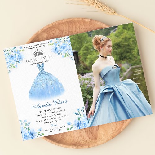 Quinceanera Silver Blue Floral Gown Photo Invitation