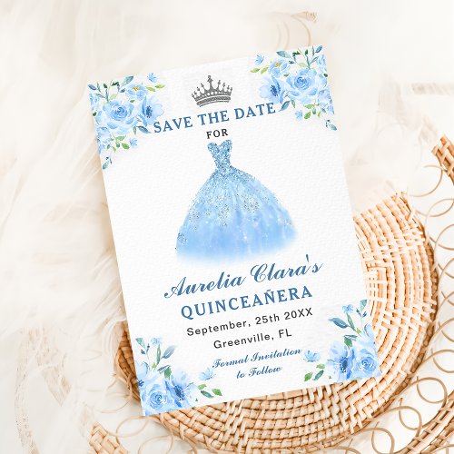 Quinceanera Silver Blue Floral Gown Save The Date