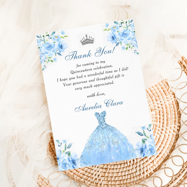 Quinceanera Silver Blue Floral Gown Thank You Card (Creator Uploaded)