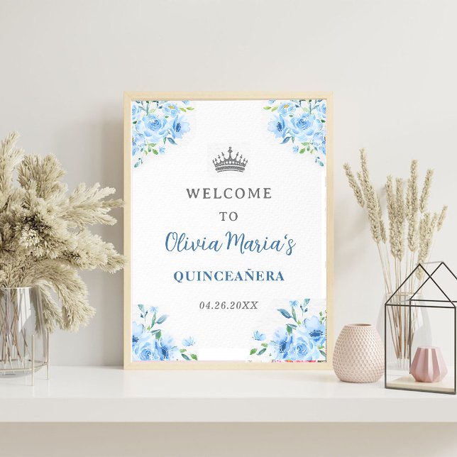 Quinceanera Silver Blue Floral Gown  Welcome Sign (Creator Uploaded)