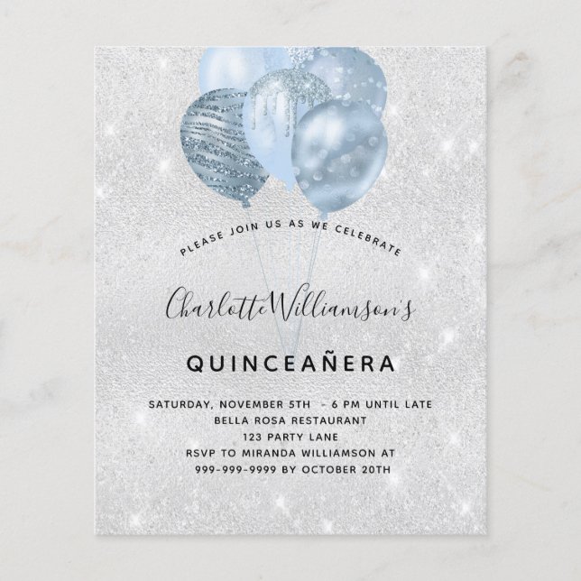 Quinceanera silver blue glitter balloon invitation (Front)