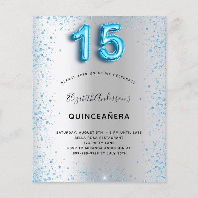 Quinceanera silver blue glitter budget invitation flyer (Front)