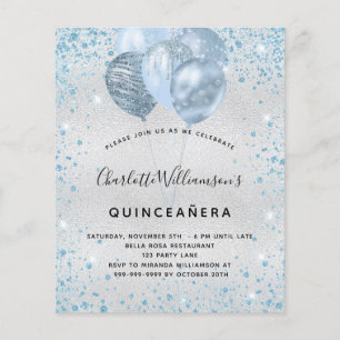 Quinceanera silver blue glitter budget invitation flyer