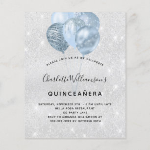Quinceanera silver blue glitter budget invitation flyer