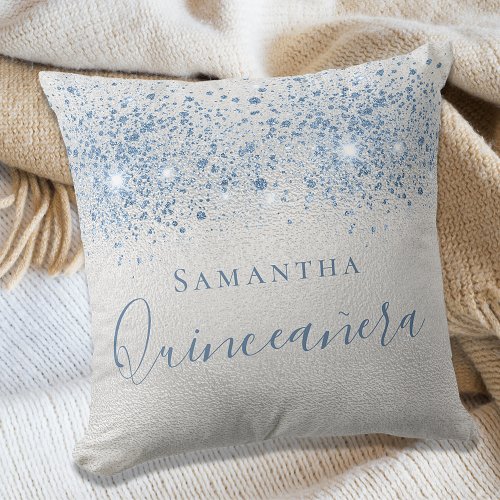 Quinceanera silver blue glitter drops monogram throw pillow
