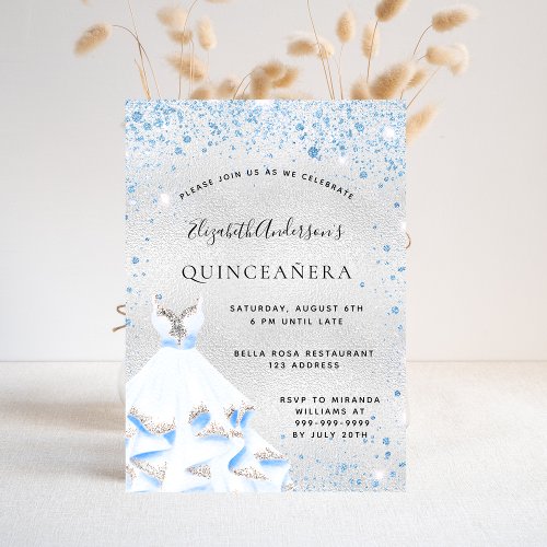Quinceanera silver blue sparkles dress elegant invitation