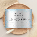 Quinceanera silver blue sparkles save the date<br><div class="desc">A girly and trendy Save the Date for a Quinceañera,  15th birthday party. A faux silver looking background decorated with blue faux glitter dust. Personalize and add a date and name/age. The text: Save the Date is written with a large trendy hand lettered style script.</div>