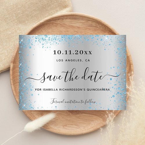 Quinceanera silver blue sparkles save the date