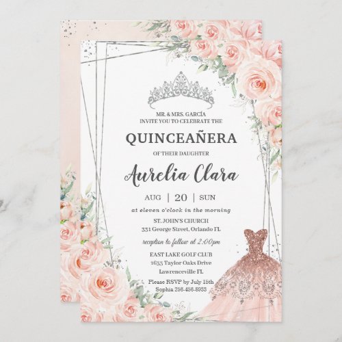 Quinceaera Silver Blush Floral Princess Dress Invitation