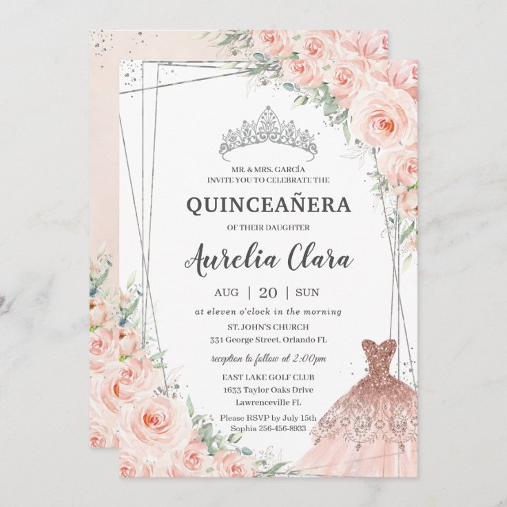 Quinceañera Silver Blush Floral Princess Dress Invitation | Zazzle