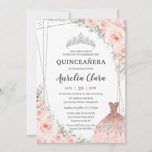 Quinceañera Silver Blush Floral Princess Dress Invitation | Zazzle