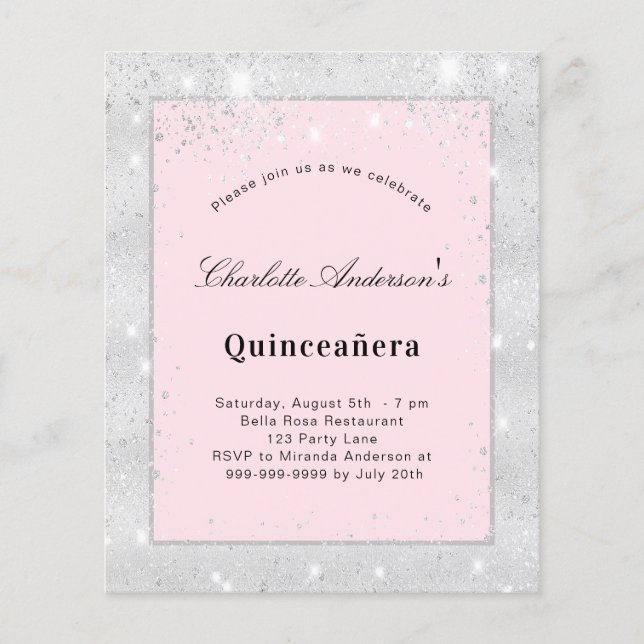 Quinceanera silver blush pink glitter dust budget flyer (Front)