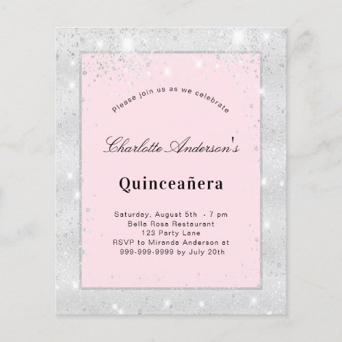 Quinceanera silver blush pink glitter dust budget flyer