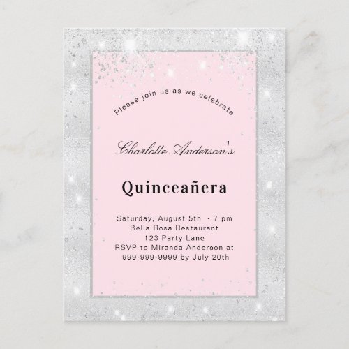 Quinceanera silver blush pink glitter dust invitation postcard