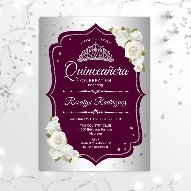 Quinceanera - Silver Burgundy Invitation