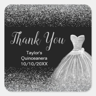 Quinceanera Silver Dress Faux Glitter Square Sticker