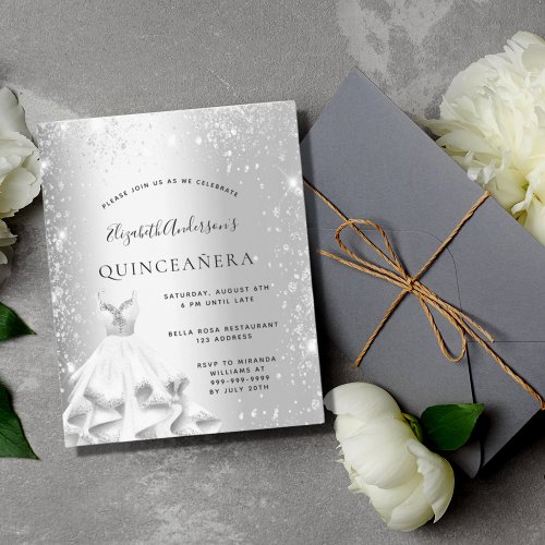 Quinceanera silver dress glitter budget invitation