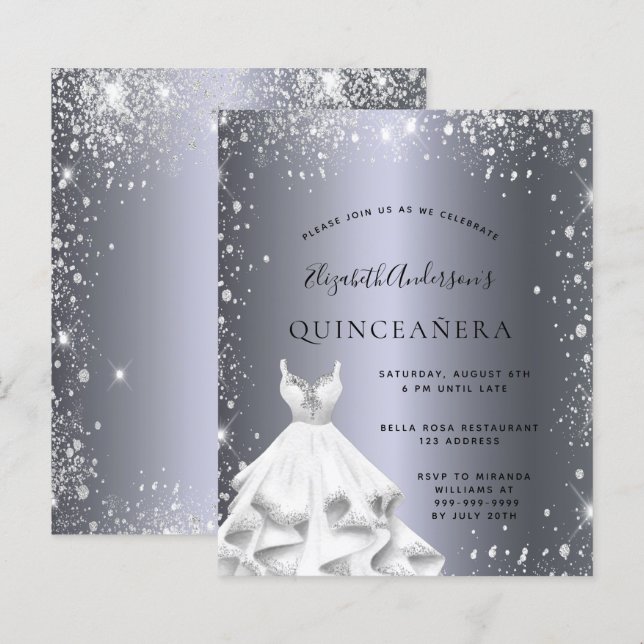 Quinceanera silver dress glitter invitation (Front/Back)