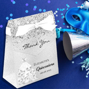 Quinceanera silver dress thank you favor boxes