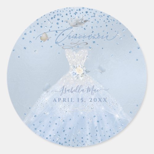 Quinceanera Silver Dusty Blue Glitter Gown Classic Round Sticker