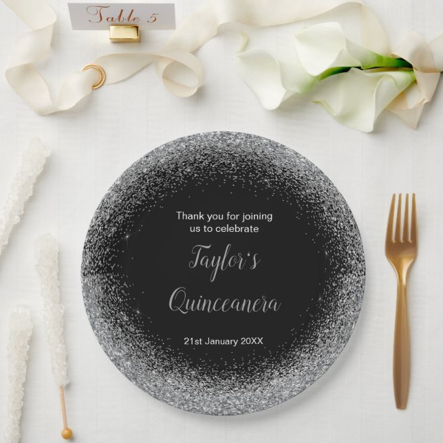 Quinceanera Silver Faux Glitter Paper Plates (Wedding)